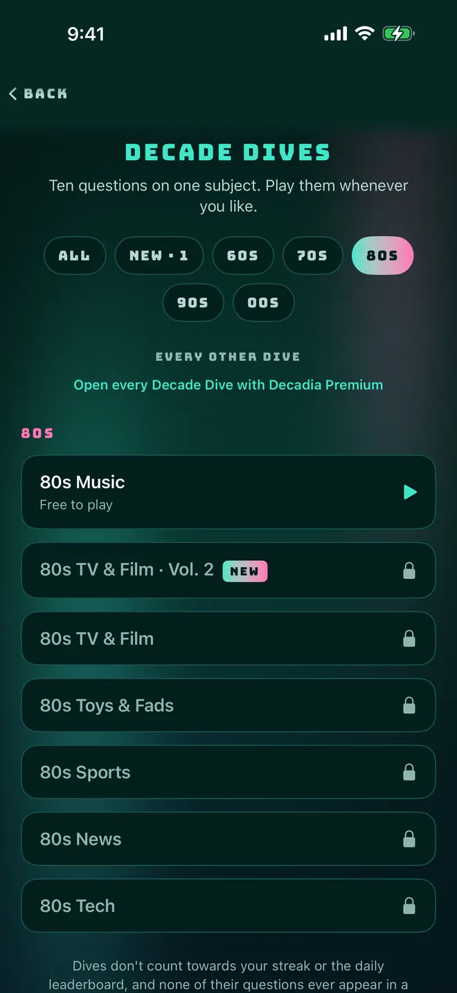 The Decade Dives list in the 1990s treatment, filtered to the 1980s with filter chips and a decade heading, and a NEW tag on 80s TV & Film · Vol. 2.